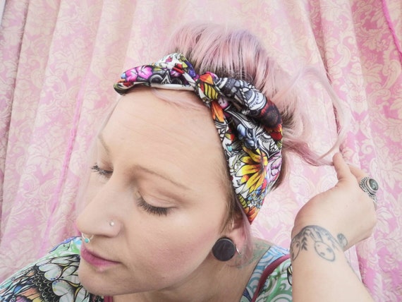 Satin head tie, hair wrap, bow - flower print. Festival boho hippie yoga