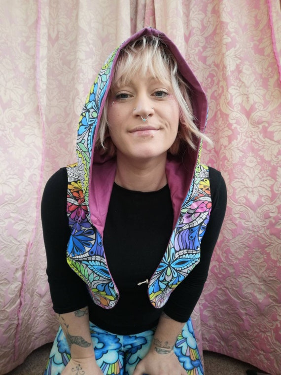 Organic rainbow Lumi waistcoat/bolero with hood. Festival, rave hippie