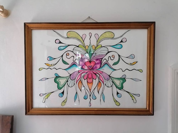 Art collage drawing iridescent fairytale. A2 Festival boho hippie yoga symmetry phsychedelic