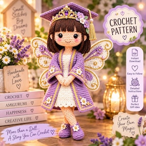 May include: A crochet amigurumi doll wearing a purple graduation cap with a gold tassel, a tiara, and a white dress under a purple robe with gold trim and floral accents. The doll has brown hair, large black eyes, and white fairy wings.
