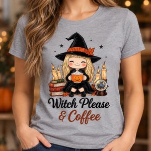 Witch Please & Coffee PNG , Halloween Shirt Design, Chibi Witch Girl Sublimation