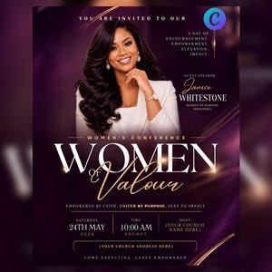 May include: A purple and gold event flyer for a Women of Valour conference. It features a smiling person in a white blazer, with text including You Are Invited To Our, A Day Of Encouragement, Empowerment, Elevation, Impact, and Janice Whitestone.