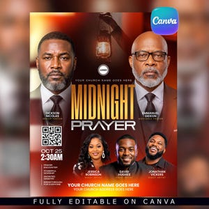 Op de afbeelding: Een digitale flyer voor een Midnight Prayer evenement met portretten van vijf personen, een lantaarngrafiek en tekst inclusief namen zoals Dickson Nicolas en Emmanuel Gideon, datum 25 okt, tijd 02:30 uur en een QR-code op een donkerrode achtergrond.