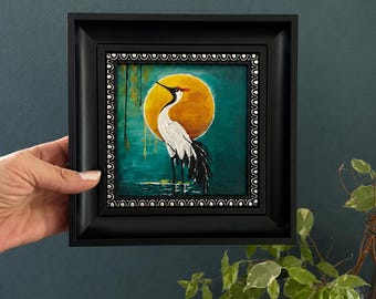 Crane Painting (13x13 cm), Small Wall Decor, Framed Wall Art, Wall Decor, Home Decor, Birds Wall Decor, Original Mini Painting