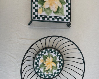 MK- Decorative Ceramic Bowl Set Green White Checkered Tile Yellow Flower Design (SET OF 2)