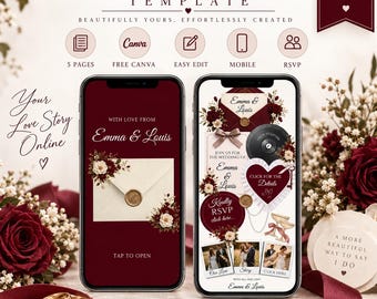 May include: A wedding website template displayed on two smartphones, featuring deep red and cream floral designs, wax seal graphics, and text including "Wedding Website Template," "Emma & Louis," and "Your Love Story Online" with various icons.