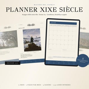 Peut inclure: Un planificateur numérique intitulé PLANNER XIXE SIÈCLE avec des pages format A4 illustrées d'art paysager du XIXe siècle, une grille de calendrier pour janvier 2027 et des onglets. Il contient 88 pages, 12 mois, 4 saisons et 1 142 liens internes.