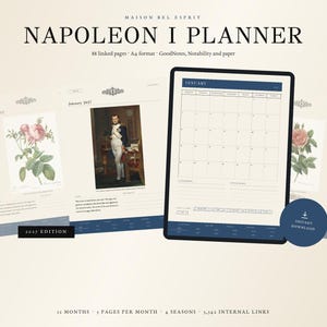 Peut inclure: Un planificateur numérique Napoleon I comprenant 88 pages liées au format A4, compatible avec GoodNotes et Notability. Le planificateur affiche un calendrier mensuel, des images historiques de Napoléon et des illustrations botaniques avec le texte 2027 edition.