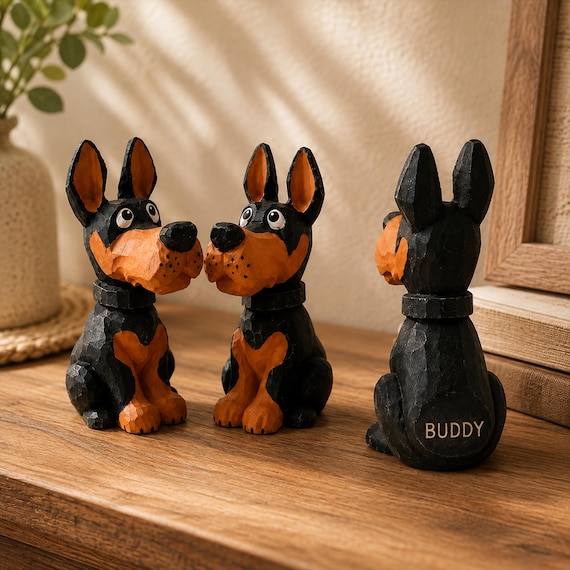 A hand-painted or laser-crafted wooden Doberman figurine with a custom name — breed-specific enough to feel genuinely made for one person.
