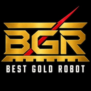 Peut inclure: Un logo graphique présentant les lettres BGR dans une finition dorée métallique avec une texture brossée. Un éclair rouge diagonal traverse les lettres. Sous le logo, le texte BEST GOLD ROBOT apparaît dans une police sans empattement blanche.