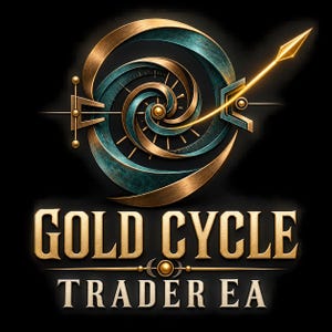 May include: A graphic logo featuring a metallic gold and teal spiral emblem with a pointed arrow extending outward. Below the emblem, the text GOLD CYCLE TRADER EA is displayed in a bold, serif font against a solid black background.