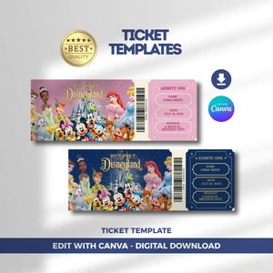 Puede incluir: Dos plantillas de entradas rectangulares con personajes de Disney y un castillo. La entrada superior es rosa, la inferior es azul oscuro. Ambas incluyen el texto "you're going to Disneyland", "ADMITE ONE", "NAME EMMA SMITH", "DATE JULY 18, 2026" y "A MAGICAL BIRTHDAY GIFT!"