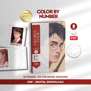 Op de afbeelding: Een digitaal kleur-op-nummer kleurboek getiteld Favorite Magic 2, met een portret van een jong persoon met een bril en een toverstaf. Het boek bevat 47 pagina's met 20 kleurontwerpen, beschikbaar als digitale PDF-download om af te drukken.