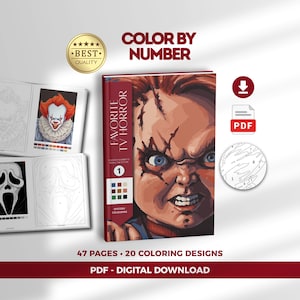Puede incluir: Un libro digital de colorear por números titulado Favorite TV Horror 1 con una ilustración del muñeco Chucky en la portada. El set incluye 47 páginas con 20 diseños para colorear en formato PDF, mostrando personajes como Pennywise y Ghostface.