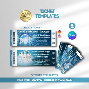 Könnte beinhalten: Digitale Ticketvorlagen für Backstreet Boys Konzerte mit blauen Grafiken, einem Gruppenfoto der Band und Texten wie "Into the Millennium", "Live in Germany" und "Sphere Las Vegas". Enthält ein goldenes "Best Quality"-Abzeichen und ein Canva-Symbol.