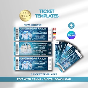 Könnte beinhalten: Sechs digitale Ticketvorlagen für Backstreet Boys Into The Millennium Konzerte. Die blauen Designs zeigen die Band, Veranstaltungsdetails, Barcodes und Text wie New Shows, Best Quality und Edit With Canva. Format als digitaler Download.