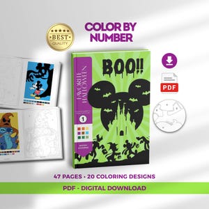 Puede incluir: Un libro de colorear por números digital de Halloween con portada verde, silueta negra de un castillo con forma de ratón, murciélagos y personajes. Incluye 47 páginas con 20 diseños para colorear, disponible como descarga digital en PDF.