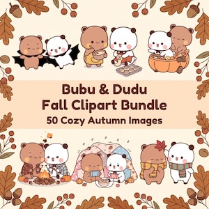 May include: A digital collection of Bubu & Dudu Fall Clipart Bundle 50 Cozy Autumn Images featuring cartoon bears in various seasonal activities like camping, baking, and playing, framed by brown oak leaves and acorns on a light beige background.