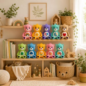 May include: A collection of eleven crocheted teddy bears in various colors, each featuring a unique embroidered symbol on its chest, including a rainbow, sun, moon, heart, clover, rain cloud, flower, and shooting star, displayed on wooden shelves.