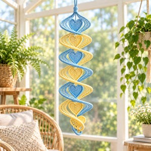 Crochet Heart Wind Spinner, Double Helix Boho Garden Ornament (PDF Pattern)
