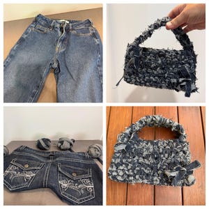May include: A collage featuring blue denim jeans with a button fly, a dark blue denim handbag with a frayed, woven texture and side bows, and dark blue jeans with white floral embroidery on the back pockets and matching denim fabric balls.