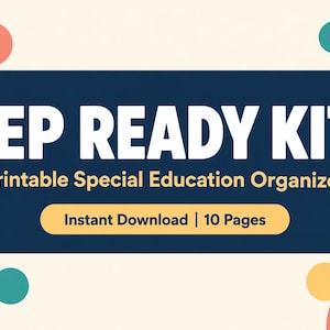 Könnte beinhalten: Eine rechteckige dunkelblaue Grafik mit abgerundeten Ecken, die den weißen Text IEP READY KIT und den gelben Text Printable Special Education Organizer sowie einen gelben Button mit der Aufschrift Instant Download | 10 Pages zeigt.