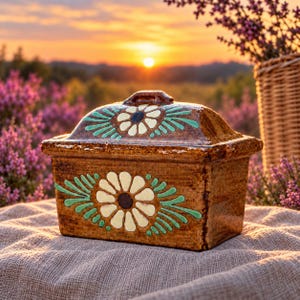 Op de afbeelding: Een rechthoekige bruine keramieken doos met bijpassend deksel, voorzien van handgeschilderde crème en turquoise bloemmotieven op de voorzijde en het deksel. Het geglazuurde aardewerk heeft een glanzende, rustieke uitstraling.