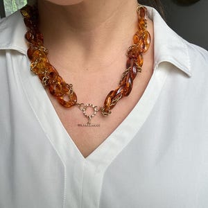 Amber Tortoise Chunky Chain Necklace with Gold Toggle, Acrylic Curb Chain Woven with Gold Chain, Statement Necklace