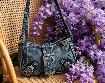 Denim Crescent Bag Crossbody Handbag Slouchy Purse，Denim Crescent Bag – Grunge Hobo Purse with Adjustable Strap