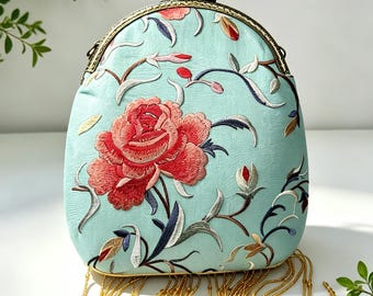 Handmade Vintage Velvet Kiss Lock Coin Purse with Hand Embroidered Flowers,Beaded Tassels Evening bag, Gift for Her