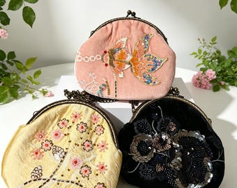 Vintage Handsewn Embroidered Coin Purse, Hand Embroidered Flowers, Goldfish Purse, Custom Initials & Date, Gift For Her