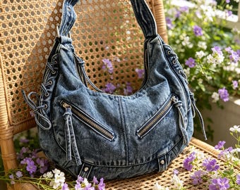 Vintage Hobo schoudertas van gewassen denim, Y2K denim tas met halvemaanvormig design, casual jeans tas met vetersluiting en ritssluiting, verstelbare schouderbanden, cadeau voor haar