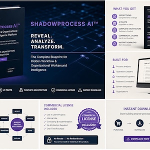 Puede incluir: Una guía de producto digital titulada ShadowProcess AI, una plataforma para la inteligencia de flujos de trabajo ocultos y soluciones organizativas. Incluye 185 secciones, 41 partes, arquitectura de producto completa, especificaciones técnicas y una licencia comercial.