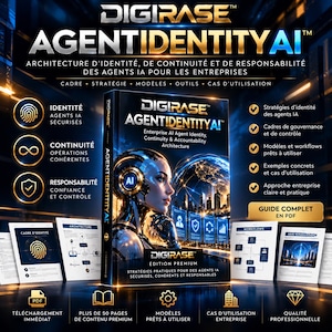 Könnte beinhalten: Ein digitales Produktcover mit dem Titel DIGIRASE AGENTIDENTITYAI, das einen futuristischen, menschenähnlichen Roboterkopf mit einem leuchtenden blauen KI-Emblem, einen Globus und eine Skyline zeigt. Der Text umfasst Enterprise AI Agent Identity, Continuity & Accountability Architecture und Edition Premium. Mehrere Dokumentenseiten mit Diagrammen sind abgebildet.