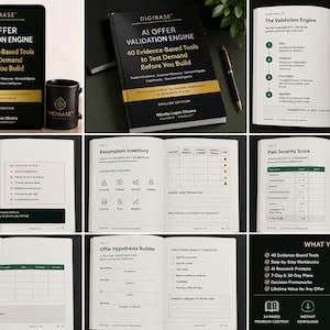 Può includere: Un libro nero intitolato AI Offer Validation Engine: 40 Evidence-Based Tools to Test Demand Before You Build di Nicallo Lopes Oliveira. Il libro include pagine interne con grafici, liste di controllo e framework per la validazione aziendale.