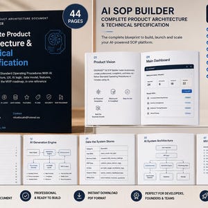 May include: A 44-page digital document titled AI SOP Builder Complete Product Architecture & Technical Specification. The document includes a product vision, main dashboard interface, table of contents, AI generation engine, data system storage, AI system architecture, and an MVP version 1.0 roadmap in PDF format.