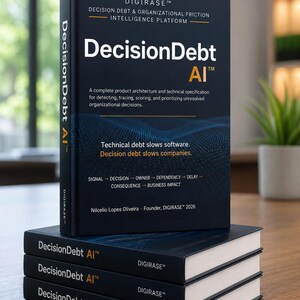 May include: A stack of four dark blue books titled DecisionDebt AI by Nilcelio Lopes Oliveira. The cover features the text: Decision Debt & Organizational Friction Intelligence Platform, and the subtitle: Technical debt slows software. Decision debt slows companies.