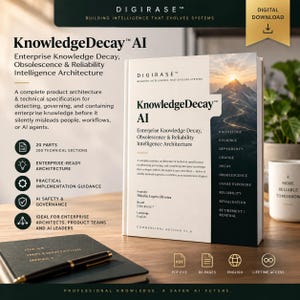 Puede incluir: Un libro titulado KnowledgeDecay AI con una portada de paisaje montañoso, que presenta texto sobre arquitectura de conocimiento empresarial, 20 partes, 200 secciones técnicas y una lista de conceptos como conocimiento y fiabilidad.