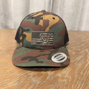 Camo Deer American Flag Trucker Hat | Engraved Leatherette Buck Patch | Mesh Snapback Cap