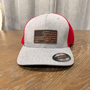 Deer American Flag Trucker Hat | Engraved Leatherette Buck Patch | Gray Red Flexfit Cap