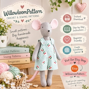 Puede incluir: Una muñeca de ratón de tela gris con un peto verde claro con estampado de cerezas rojas. La imagen incluye el texto: WillowloomPattern, Crochet & Sewing Patterns, Small patterns... Big handmade happiness, Instant Download, Step-by-Step Instructions.