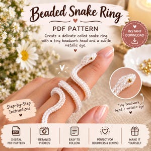 以下が含まれることがあります： Beaded Snake Ring, PDF Pattern, Instant Download, Step-by-Step Instructions, Digital PDF Pattern, Detailed Photos, Easy to Follow, Perfect for Beginners & Beyond, Make It Yourself というテキストが記載されたビーズのヘビの指輪のPDFパターン。