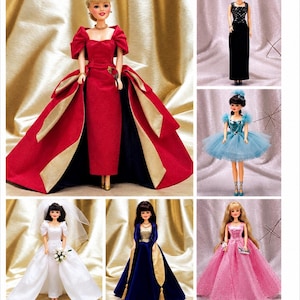 Puede incluir: Una colección de seis muñecas con diversos atuendos, incluyendo un vestido rojo con detalles dorados, un vestido de noche negro, un tutú azul, un vestido de novia blanco con velo, un vestido azul marino con ribete dorado y un vestido rosa brillante.