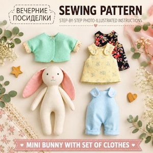 Bunny Doll Sewing Pattern PDF | Mini Stuffed Animal Pattern with Clothes | Cloth Rag Doll DIY | Fabric Bunny Rabbit Softie Sewing Tutorial