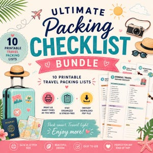 Può includere: Un pacchetto digitale intitolato Ultimate Packing Checklist Bundle con 10 liste di imballaggio stampabili. La grafica include una valigia azzurra, un passaporto, una mappa, una fotocamera, un cappello da sole, occhiali e una lista.