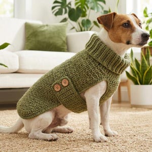 May include: A dog wearing a sage green crocheted jumper with a ribbed turtleneck collar and a side panel secured by two light brown wooden buttons. The jumper features a textured stitch pattern and covers the back and chest of the animal.