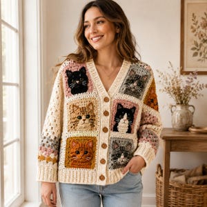 May include: A cream-colored crochet cardigan featuring a V-neckline and five brown buttons. The garment is constructed from square panels, each displaying a detailed, textured, three-dimensional yarn portrait of a cat in various colors.