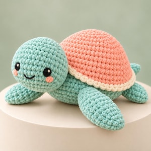 Virkmönster för havssköldpaddor PDF – Mint & Peach Chenille Amigurumi, Engelska, Oprövad utkast