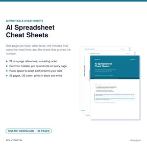 May include: A set of 22 printable AI Spreadsheet Cheat Sheets on US Letter paper. The document features a teal header with white text, bulleted lists, and ruled sections for data entry. The pages are presented in a stacked, overlapping layout.