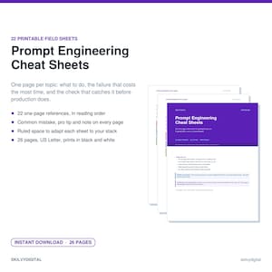 Puede incluir: Un conjunto de 22 hojas de campo imprimibles tituladas Prompt Engineering Cheat Sheets. El documento incluye 26 páginas en formato US Letter, con referencias de una página que contienen errores comunes, consejos, notas y espacio.